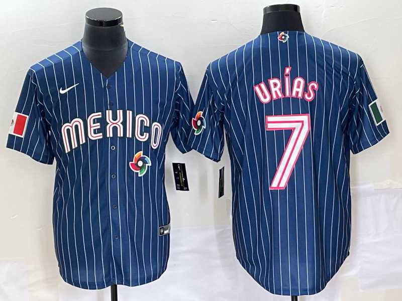 Mens Mexico Baseball #7 Julio Urias Navy Blue Pinstripe 2020 World Series Cool Base Nike Jersey 1->2023 world baseball classic->MLB Jersey